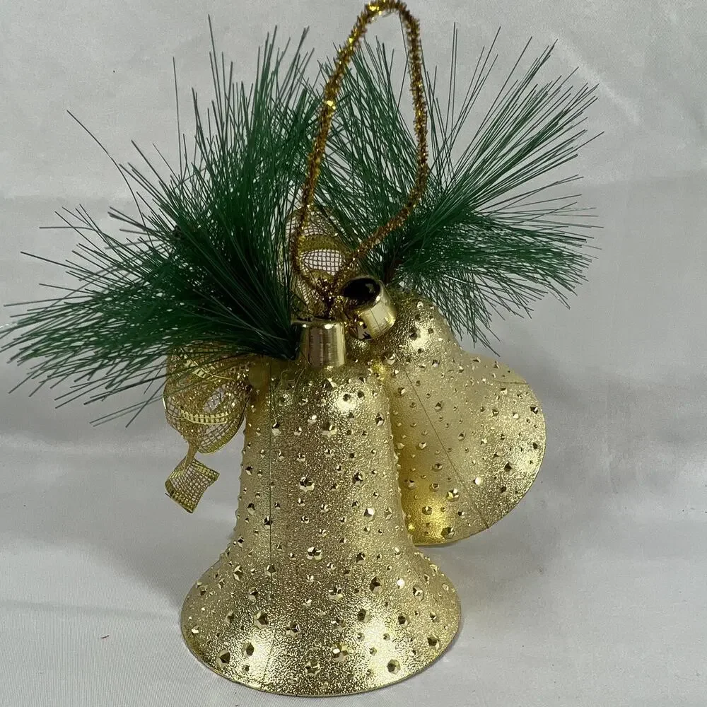 Vintage Gold Double Bumpy Bell Christmas Hanging Bow Pine Needles Greenery